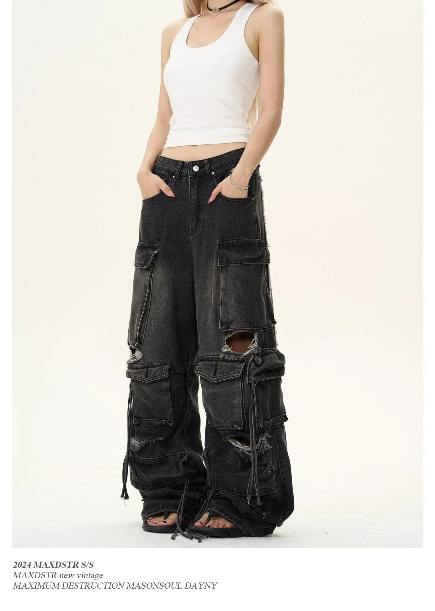 Ripped Hole Fuzzy Seam Cargo Jeans Korean Street Fashion Jeans By MaxDstr Shop Online at OH Vault