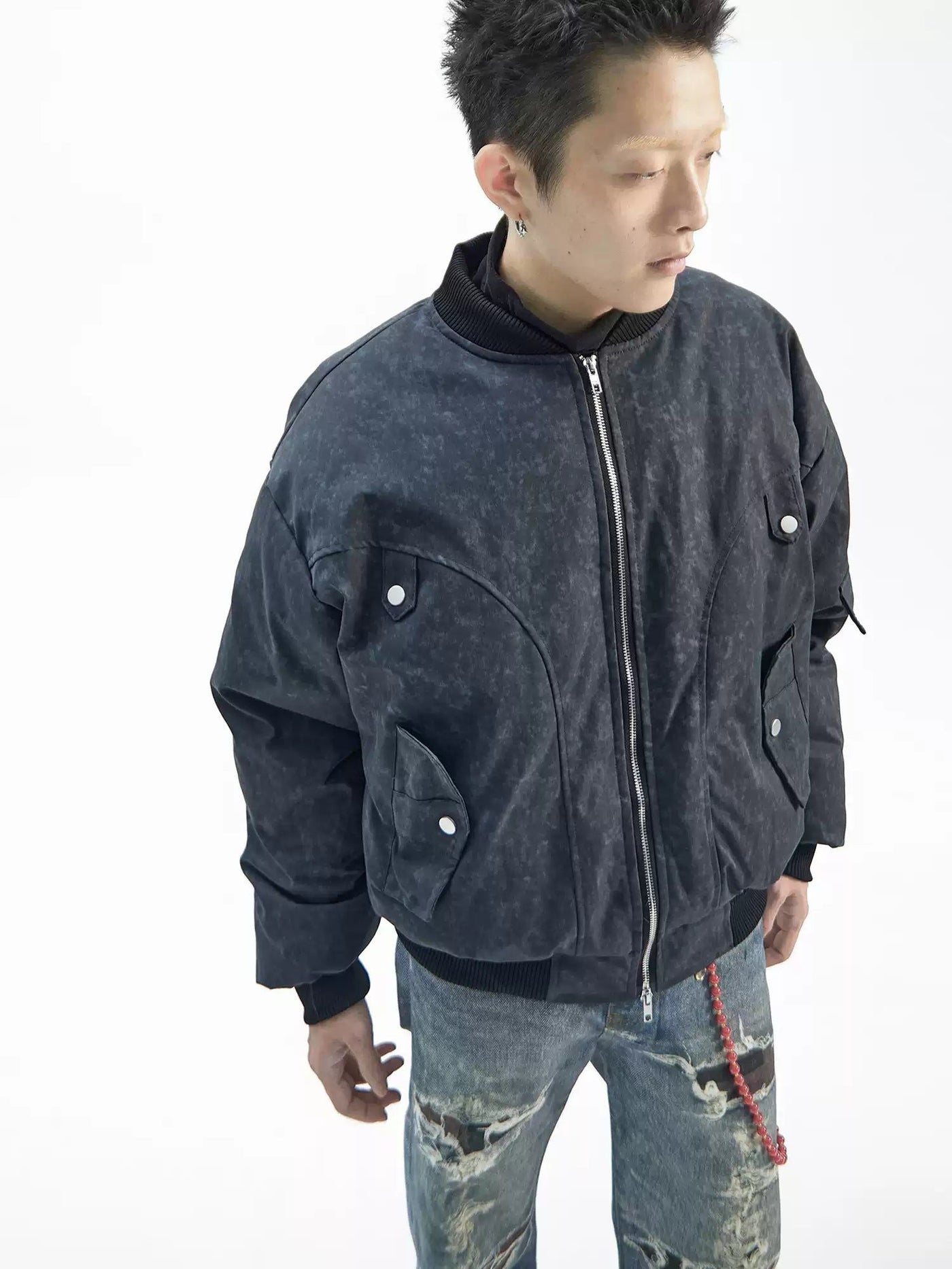 Zippered Multi-Detail Bomber Jacket Korean Street Fashion Jacket By Ash Dark Shop Online at OH Vault