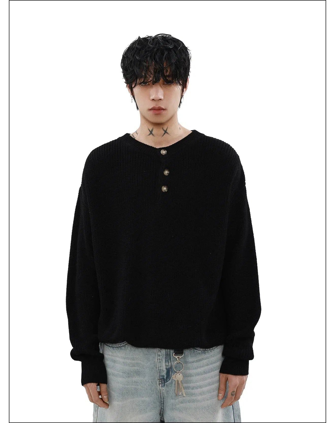 Henley Collar Knit Long Sleeve T-Shirt Korean Street Fashion T-Shirt By Mr Nearly Shop Online at OH Vault