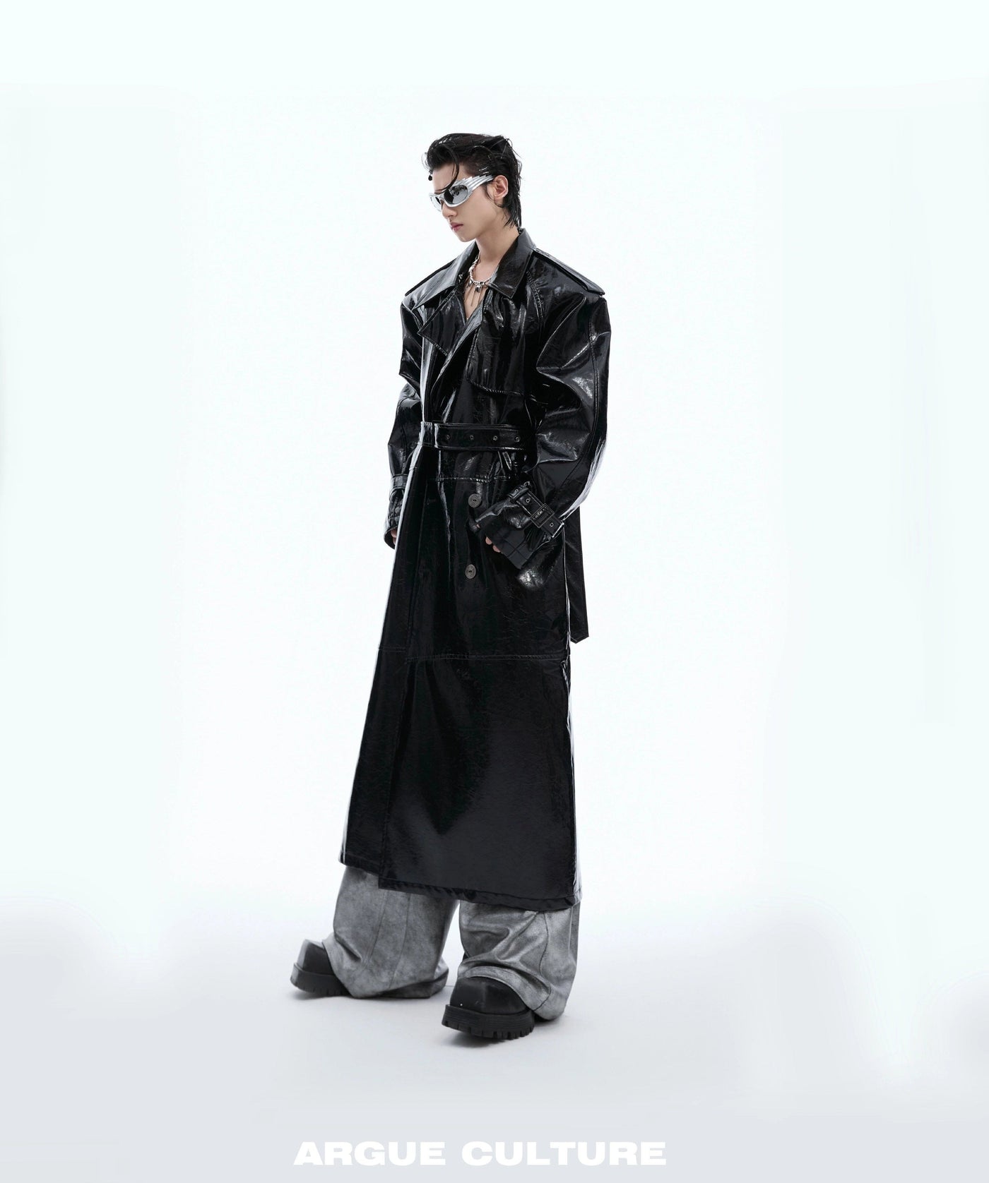 Shiny Faux Leather Trench Coat Korean Street Fashion Long Coat By Argue Culture Shop Online at OH Vault