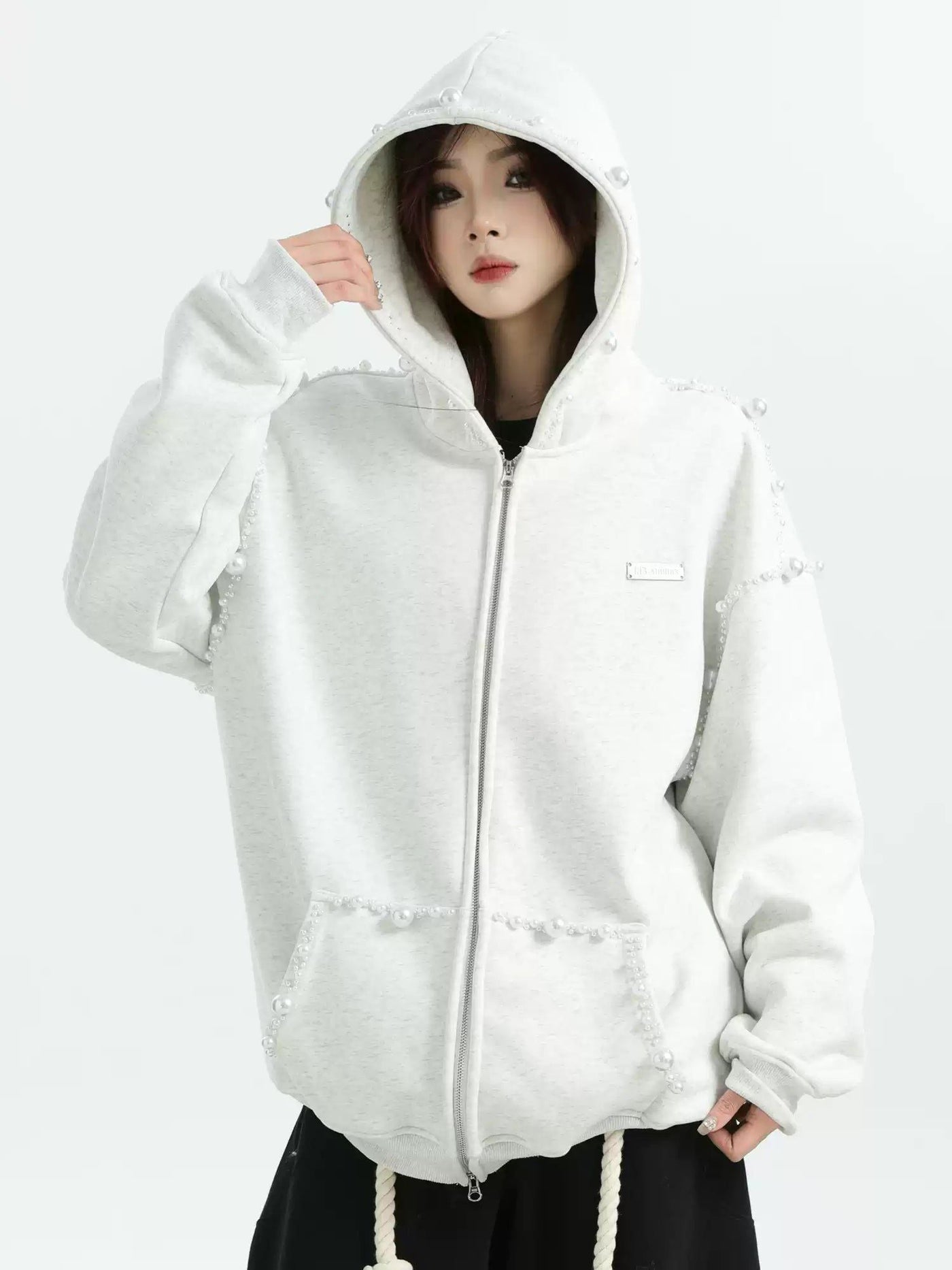 Pearled Lines Zipped Hoodie Korean Street Fashion Hoodie By INS Korea Shop Online at OH Vault