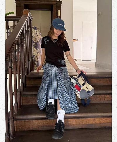 Patched Plaid Stars T-Shirt Korean Street Fashion T-Shirt By Made Extreme Shop Online at OH Vault