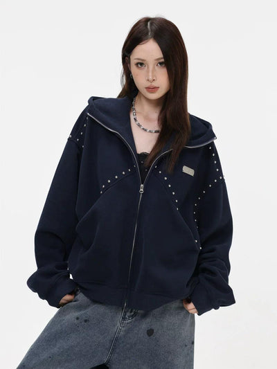 Rivet Embellished Zip-Up Hoodie Korean Street Fashion Hoodie By INS Korea Shop Online at OH Vault