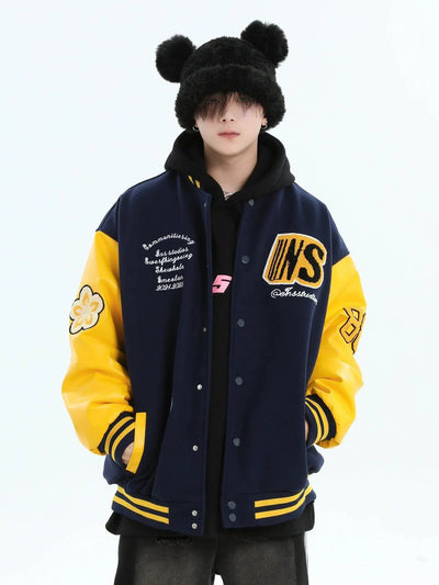 Stitched Badge Contrast Varsity Jacket Korean Street Fashion Jacket By INS Korea Shop Online at OH Vault