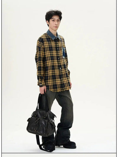 Plaid Denim Pocket & Collar Shirt Korean Street Fashion Shirt By 77Flight Shop Online at OH Vault