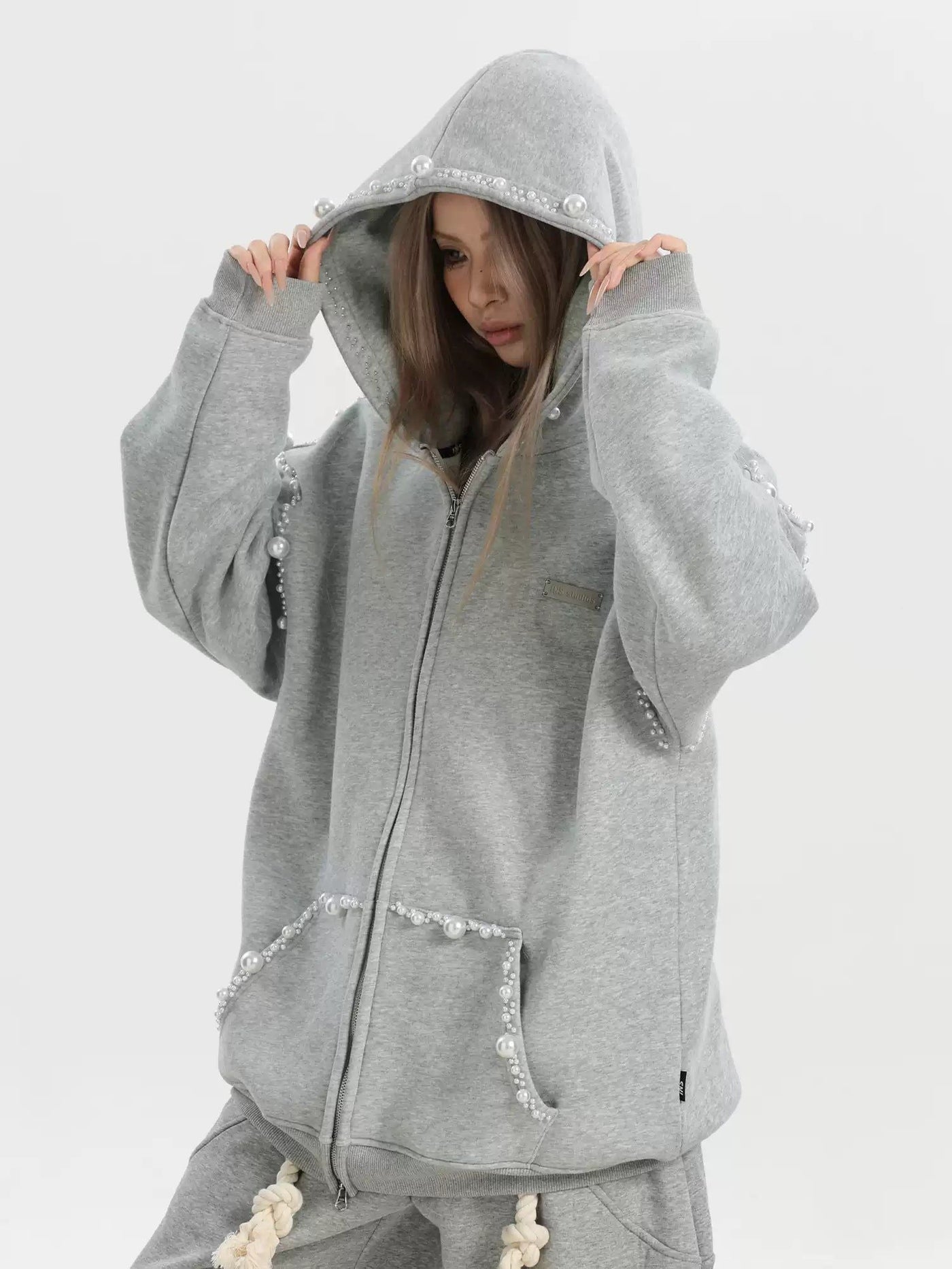 Pearled Lines Zipped Hoodie Korean Street Fashion Hoodie By INS Korea Shop Online at OH Vault