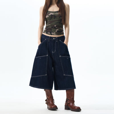 Stitched Structured Denim Shorts Korean Street Fashion Shorts By 77Flight Shop Online at OH Vault
