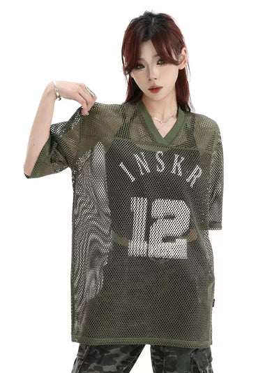 Varsity Print Mesh T-Shirt Korean Street Fashion T-Shirt By INS Korea Shop Online at OH Vault