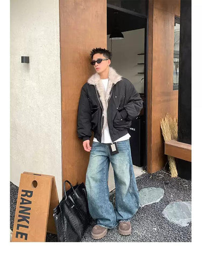 Fur-Trim Contrast Bomber Jacket Korean Street Fashion Jacket By Poikilotherm Shop Online at OH Vault