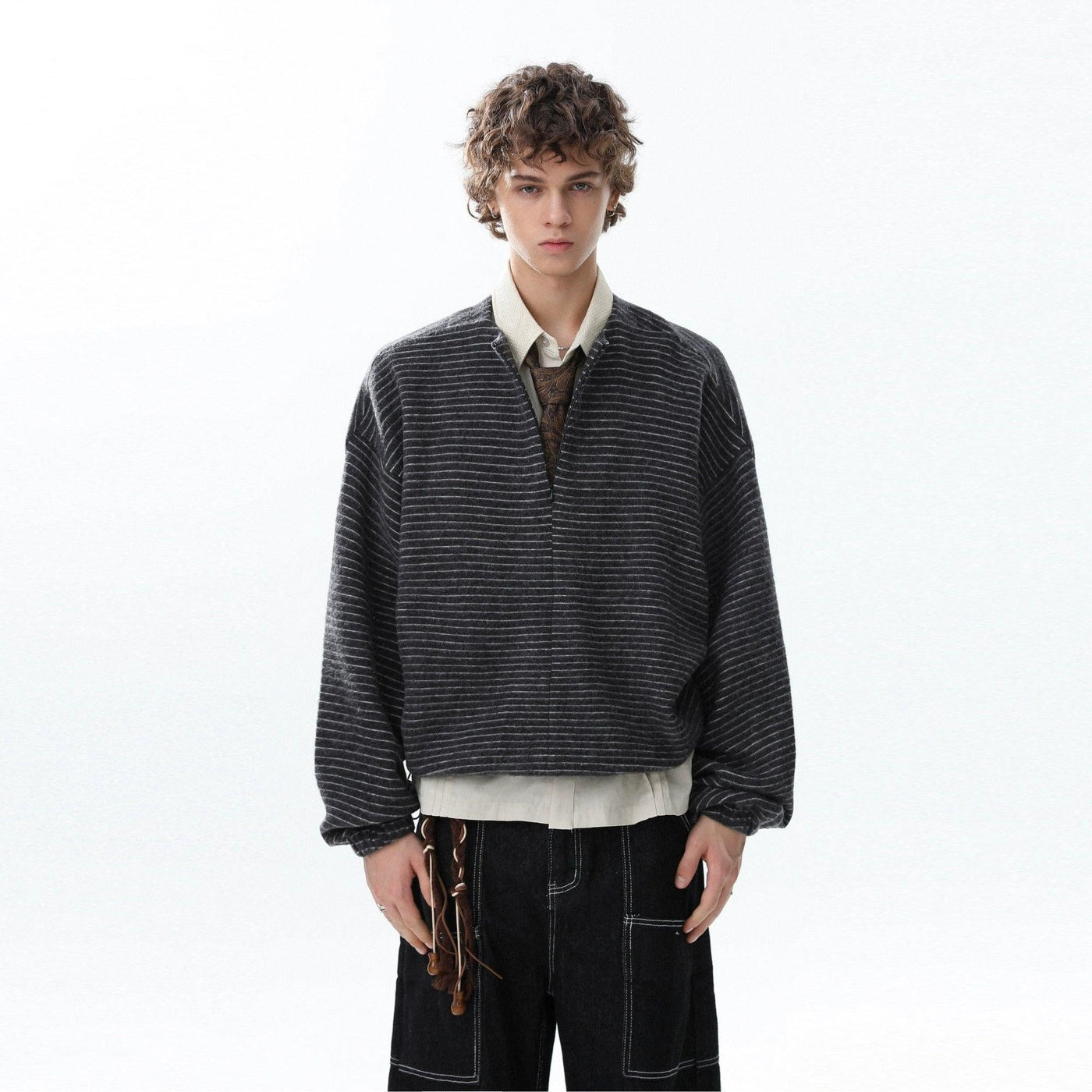 Thin Striped Clean Fit Half-Zip Korean Street Fashion Half-Zip By Mr Nearly Shop Online at OH Vault