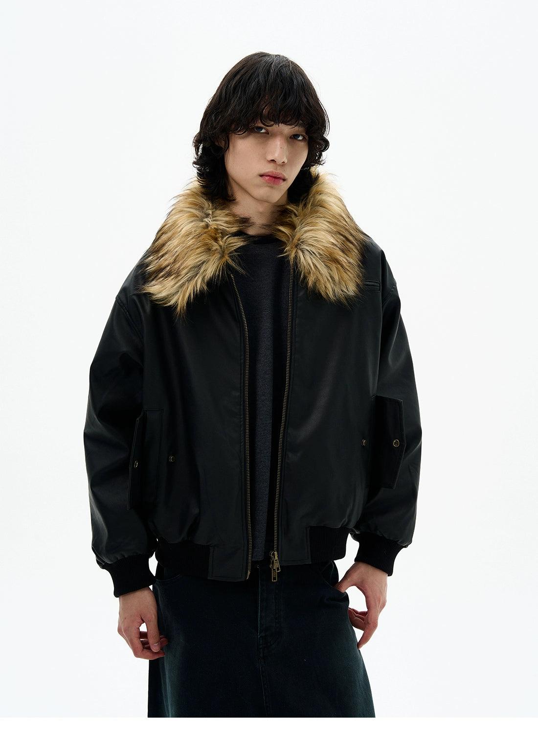 Fur-Trim PU Leather Jacket Korean Street Fashion Jacket By 77Flight Shop Online at OH Vault