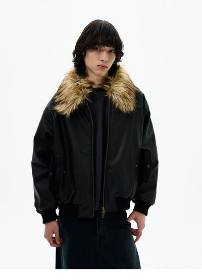 Fur-Trim PU Leather Jacket Korean Street Fashion Jacket By 77Flight Shop Online at OH Vault