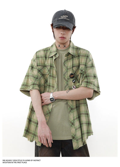 Raw Edge Plaid Short Sleeve Shirt Korean Street Fashion Shirt By Mr Nearly Shop Online at OH Vault
