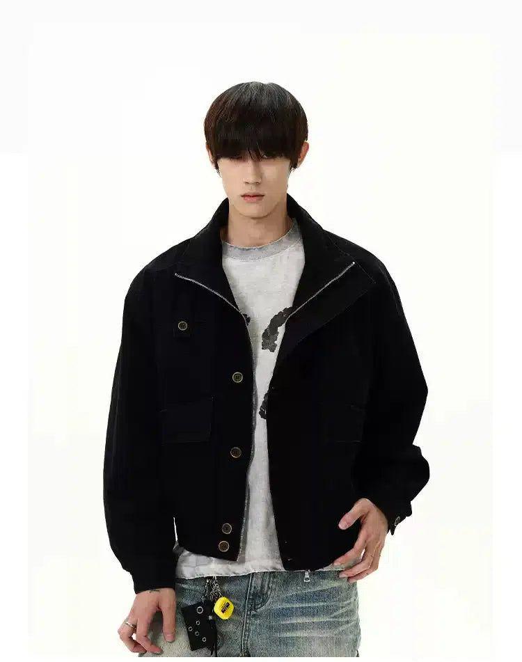 Classic Stand Collar Buttoned & Zipped Jacket Korean Street Fashion Jacket By A PUEE Shop Online at OH Vault