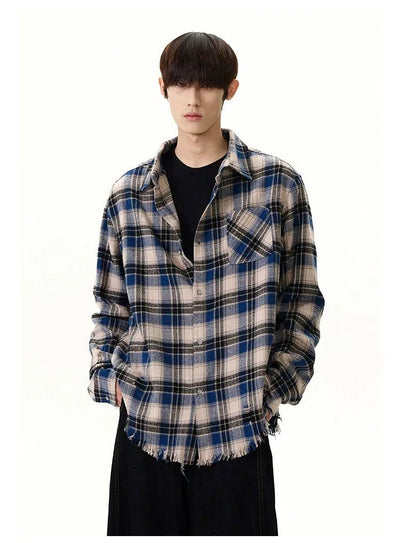 Large Plaid Raw Edge Shirt Korean Street Fashion Shirt By A PUEE Shop Online at OH Vault