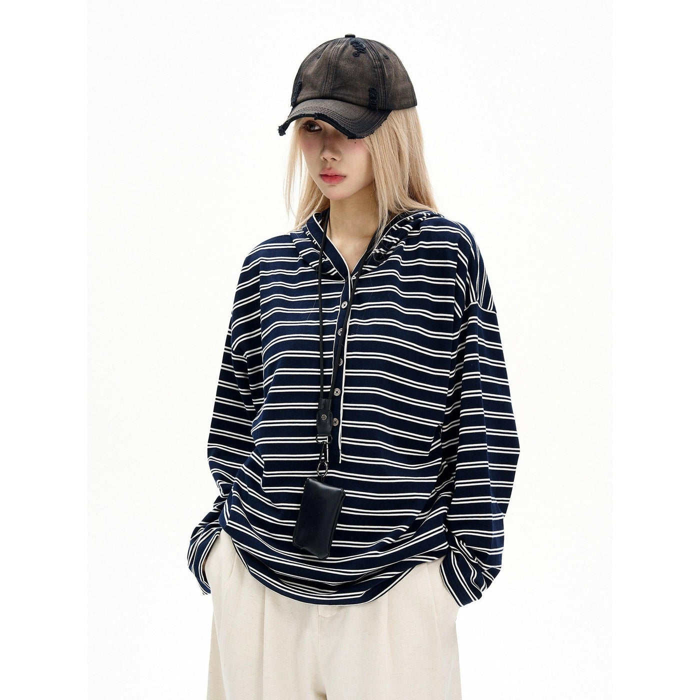 Half-Buttoned Striped Hooded T-Shirt Korean Street Fashion T-Shirt By MaxDstr Shop Online at OH Vault