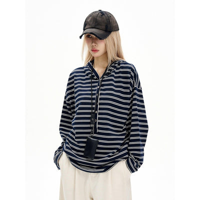 Half-Buttoned Striped Hooded T-Shirt Korean Street Fashion T-Shirt By MaxDstr Shop Online at OH Vault
