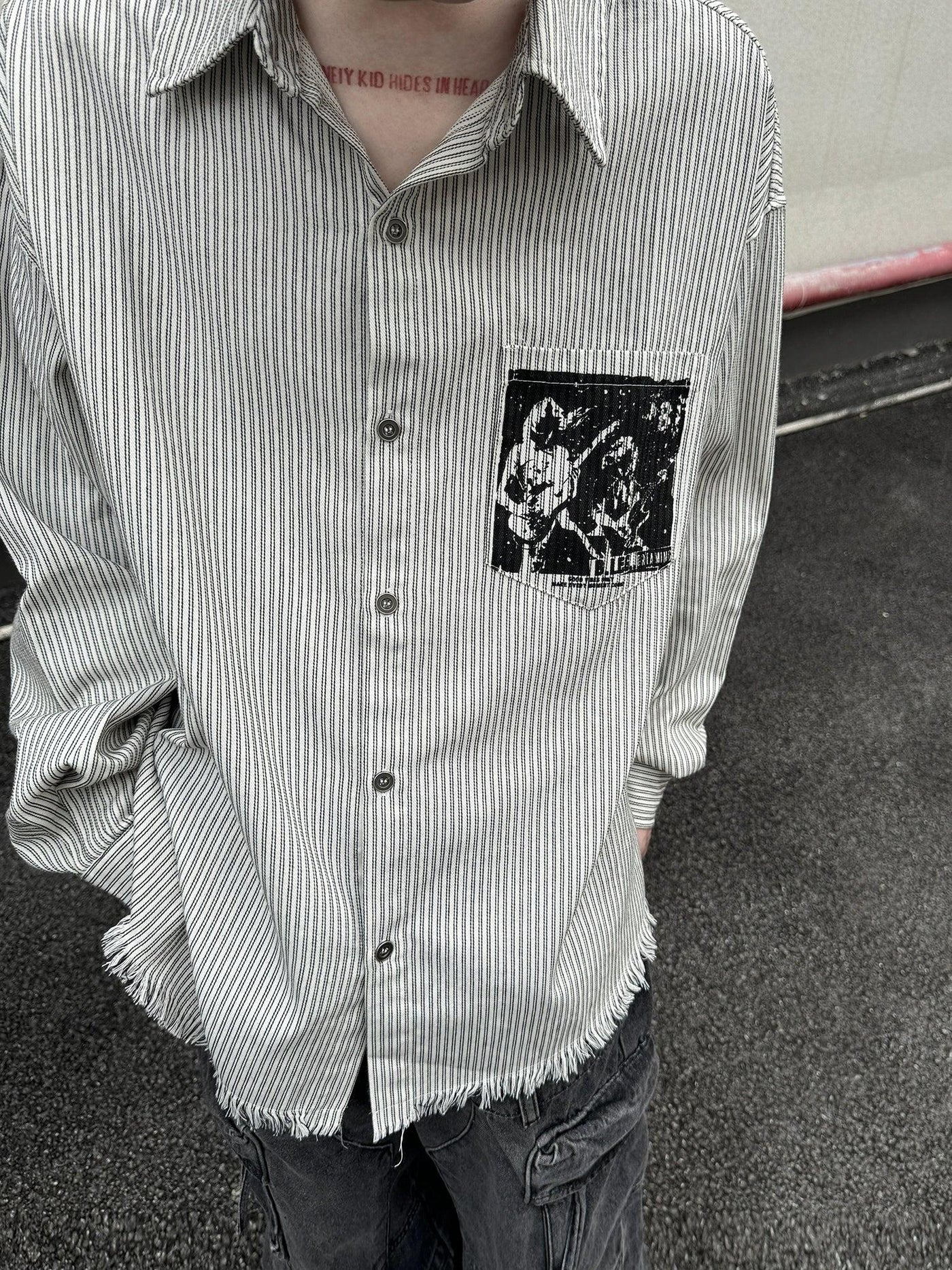 Chic Frayed & Striped L/S Shirt Korean Street Fashion Shirt By Ash Dark Shop Online at OH Vault