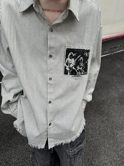 Chic Frayed & Striped L/S Shirt Korean Street Fashion Shirt By Ash Dark Shop Online at OH Vault