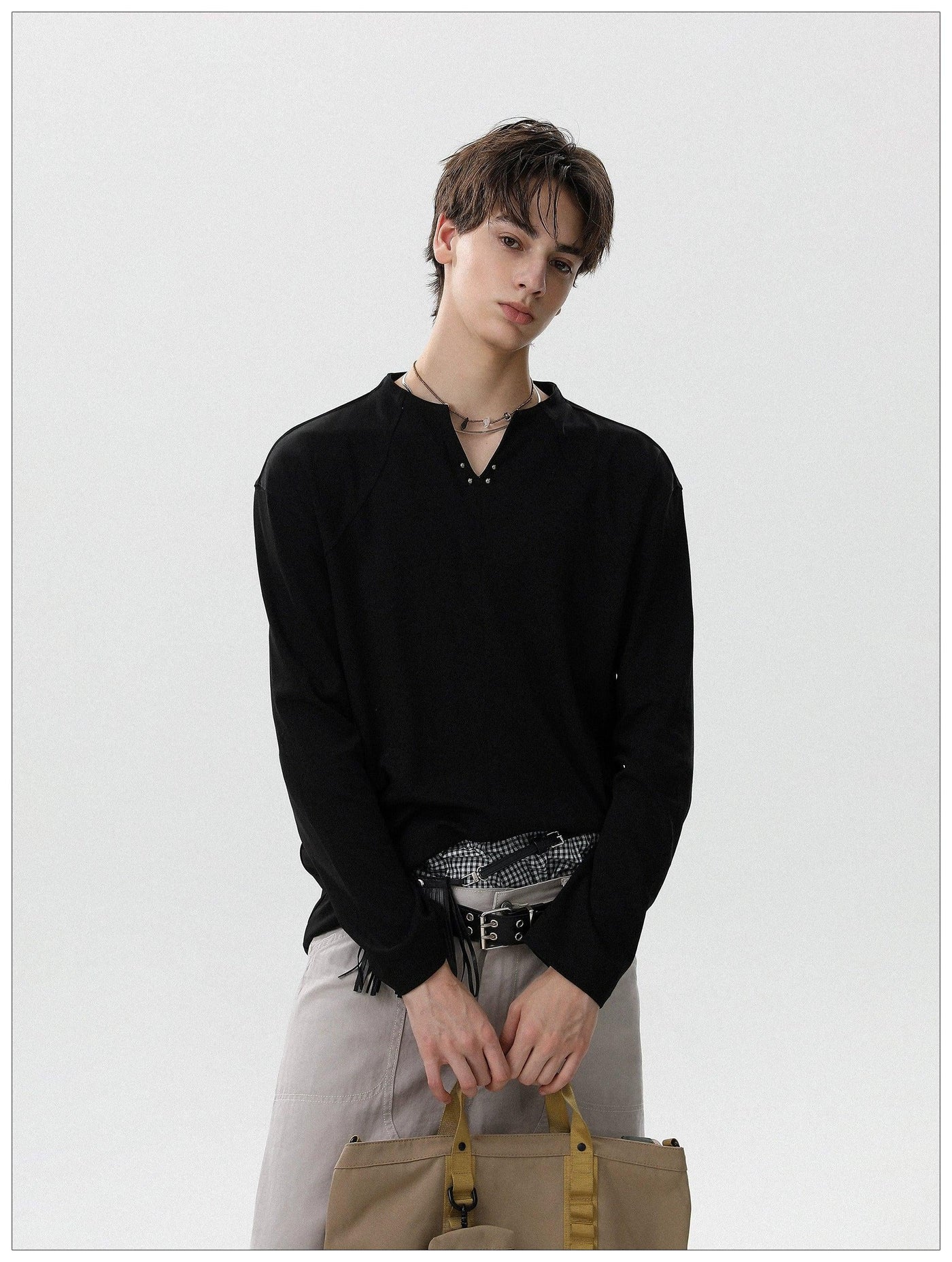 Plain Color Henley Collar L/S T-Shirt Korean Street Fashion T-Shirt By Mr Nearly Shop Online at OH Vault