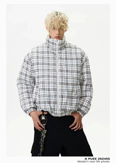 Plaid High Collar Puffer Jacket Korean Street Fashion Jacket By A PUEE Shop Online at OH Vault