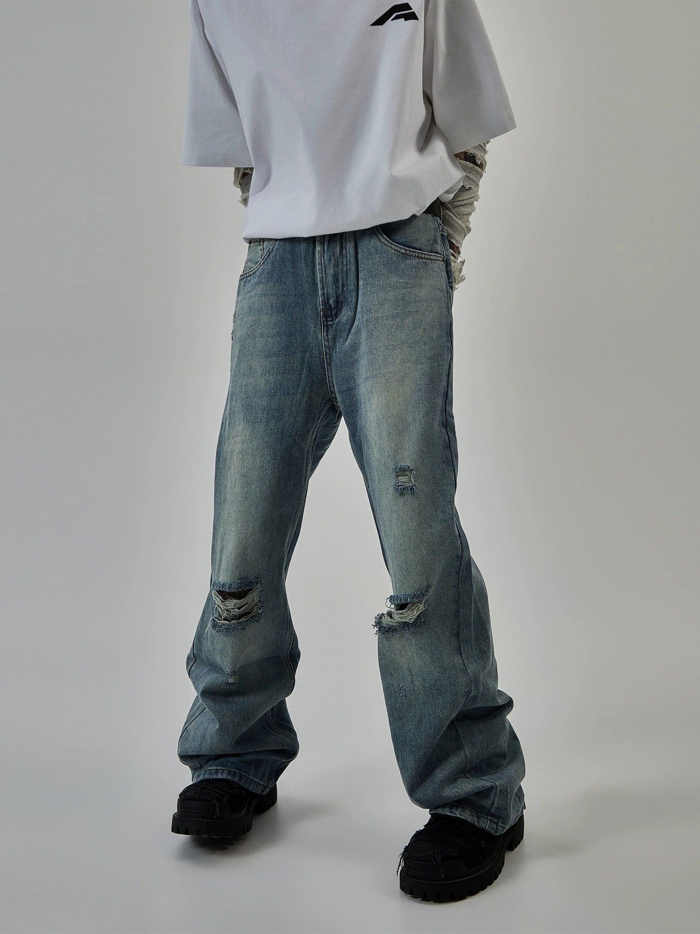 Knee Holes Flared Jeans Korean Street Fashion Jeans By Ash Dark Shop Online at OH Vault