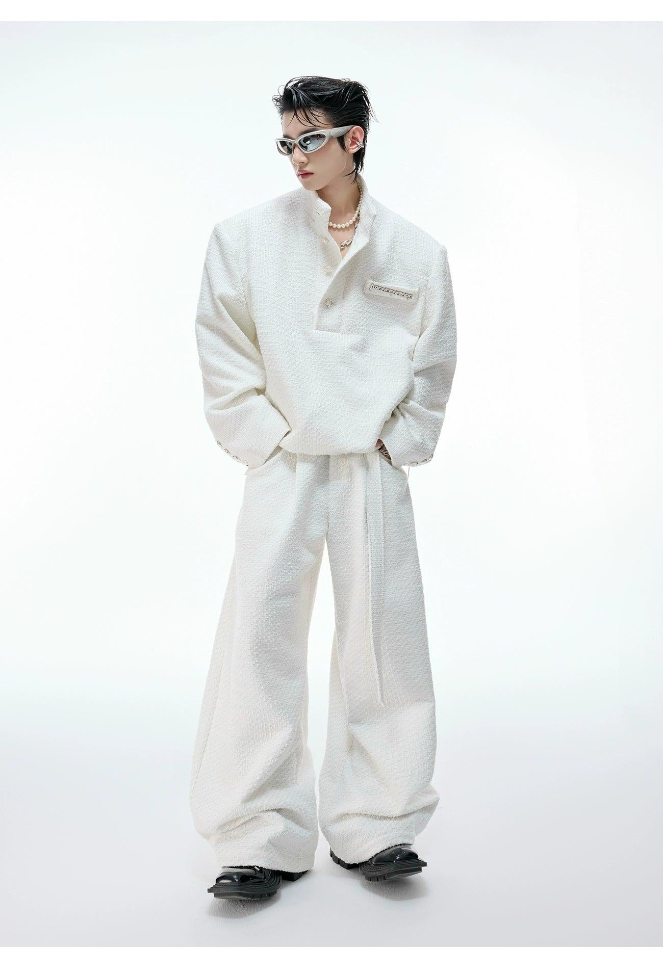 Tweed Textured Pearl Half Buttoned & Wide Leg Pants Set Korean Street Fashion Clothing Set By Argue Culture Shop Online at OH Vault