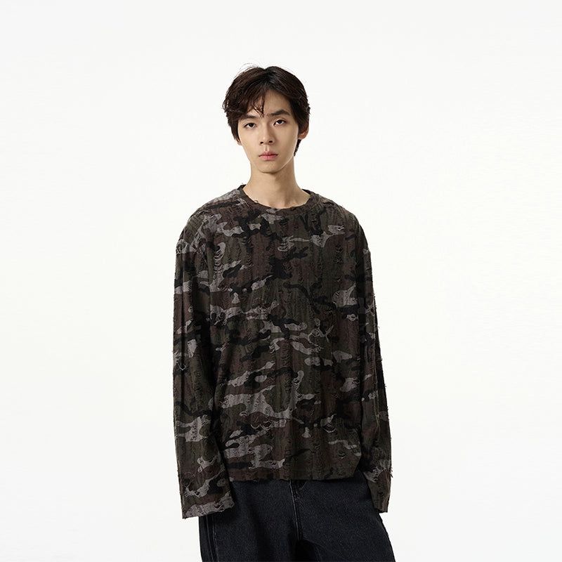 Distressed Camouflage Long Sleeve T-Shirt Korean Street Fashion T-Shirt By 77Flight Shop Online at OH Vault