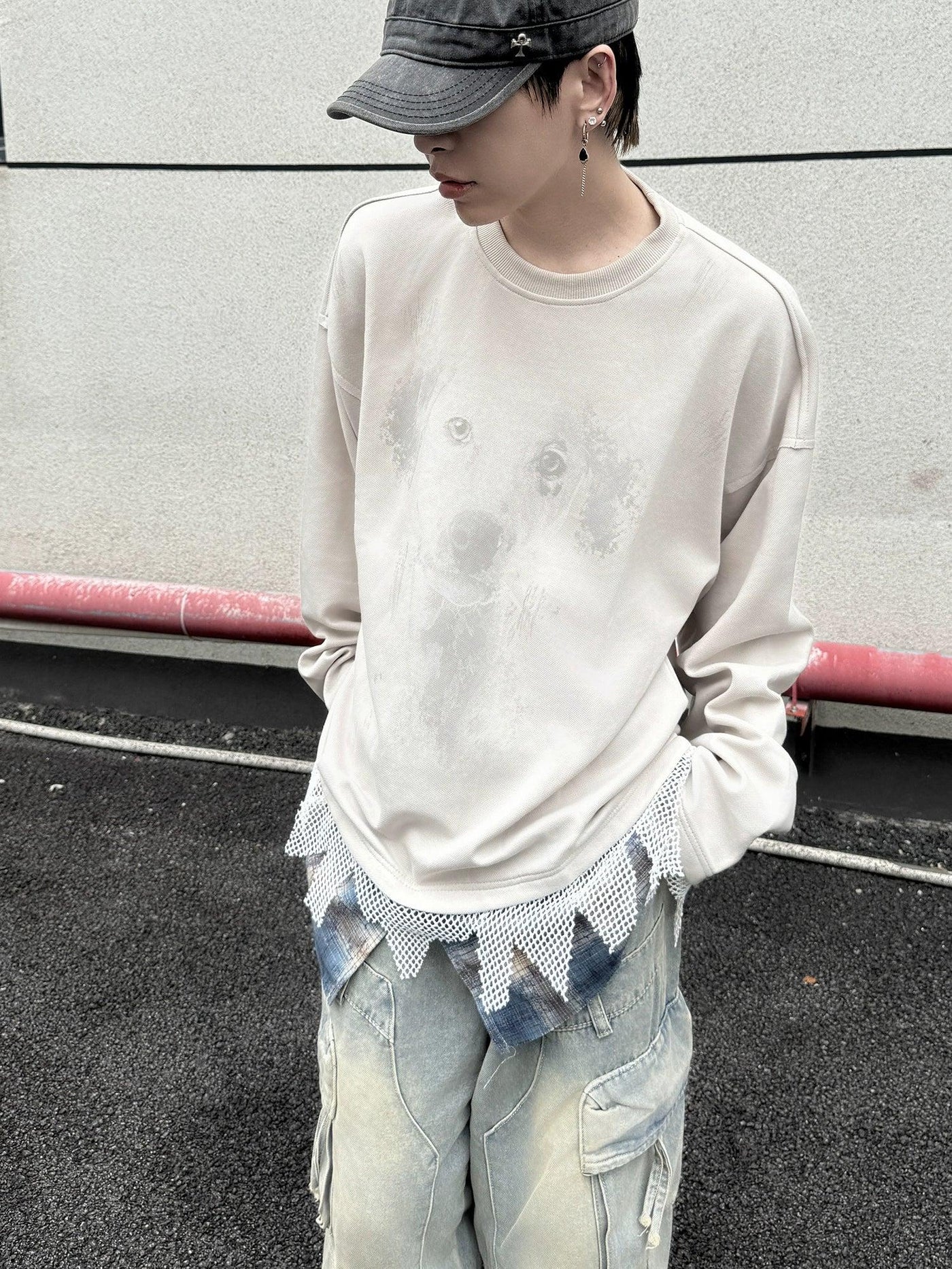 Subtle Graphic Print Layered Crewneck Korean Street Fashion Crewneck By Ash Dark Shop Online at OH Vault