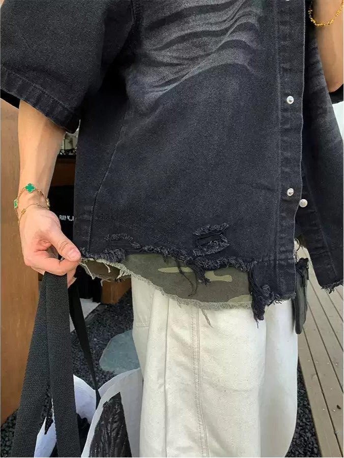 Tassel Ripped Layer Faded Denim Shirt Korean Street Fashion Shirt By Poikilotherm Shop Online at OH Vault