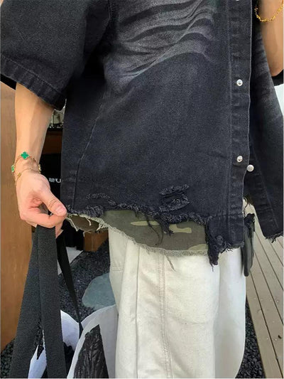 Tassel Ripped Layer Faded Denim Shirt Korean Street Fashion Shirt By Poikilotherm Shop Online at OH Vault