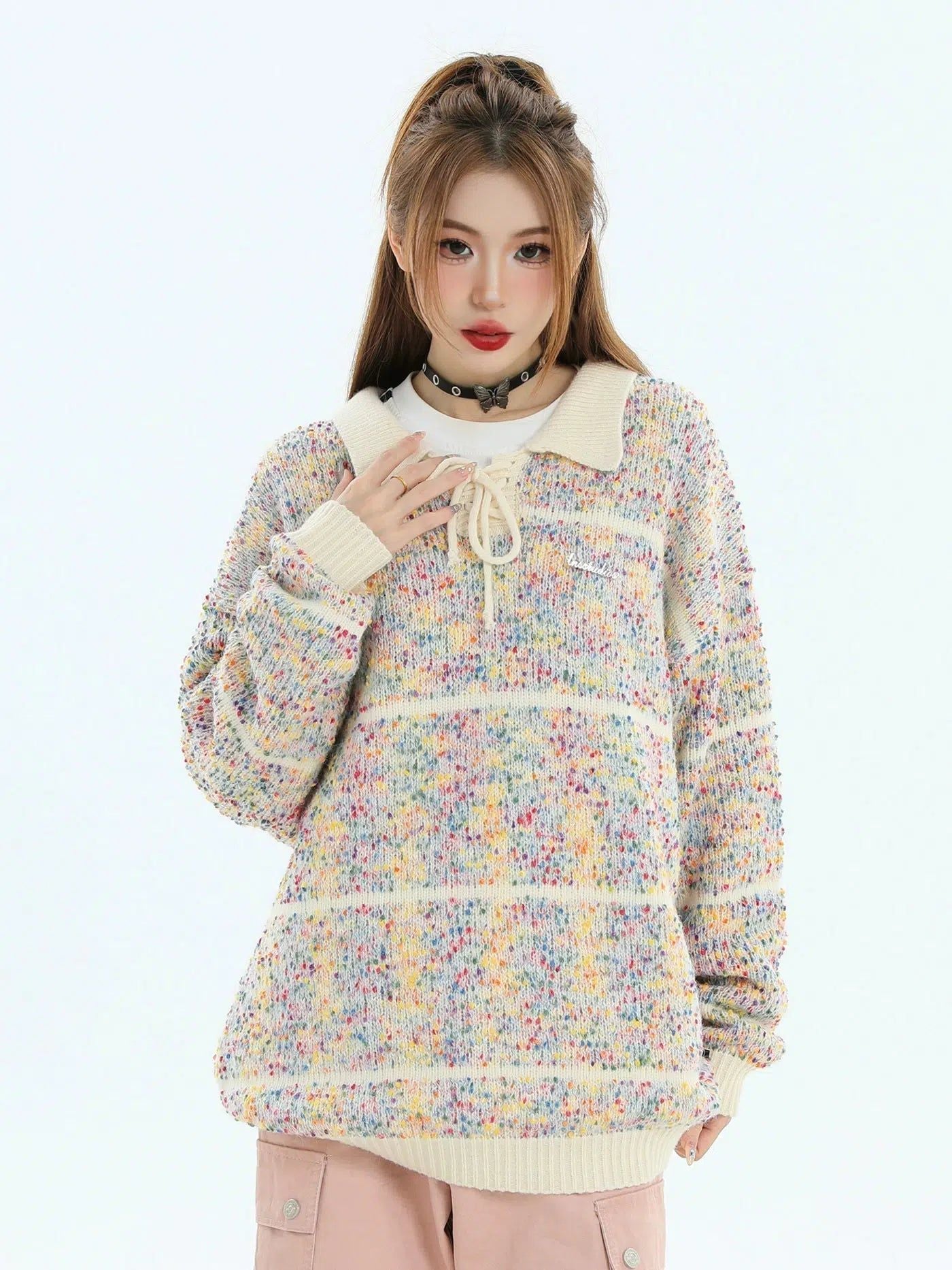 Colorful Dotted Tied-Lapel Sweater Korean Street Fashion Sweater By INS Korea Shop Online at OH Vault