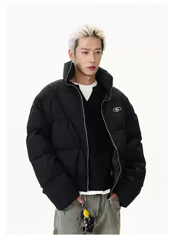 Metallic Logo Pleated Puffer Jacket Korean Street Fashion Jacket By A PUEE Shop Online at OH Vault