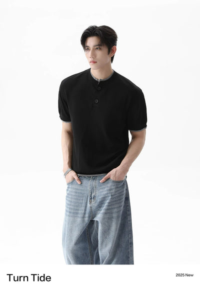 Henley Collar Ribbed Hem T-Shirt Korean Street Fashion T-Shirt By Turn Tide Shop Online at OH Vault