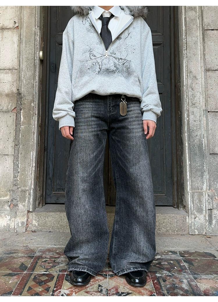 Faded Whisker Lines Wide Jeans Korean Street Fashion Jeans By FATE Shop Online at OH Vault