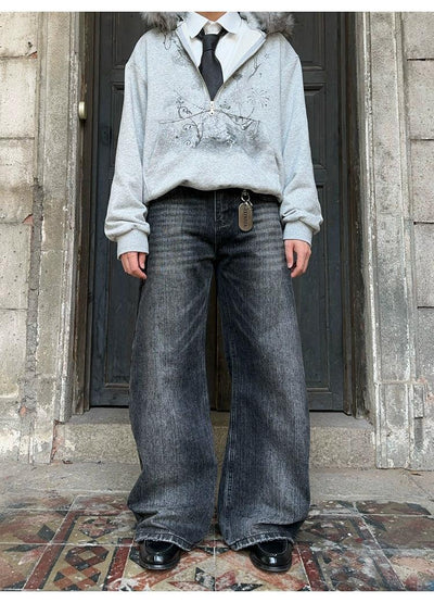 Faded Whisker Lines Wide Jeans Korean Street Fashion Jeans By FATE Shop Online at OH Vault