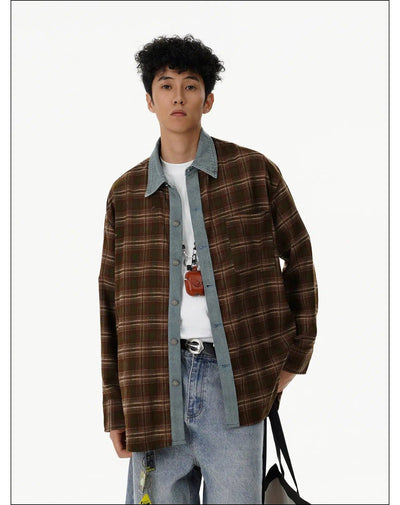 Plaid Stitched Denim Shirt Korean Street Fashion Shirt By Mr Nearly Shop Online at OH Vault