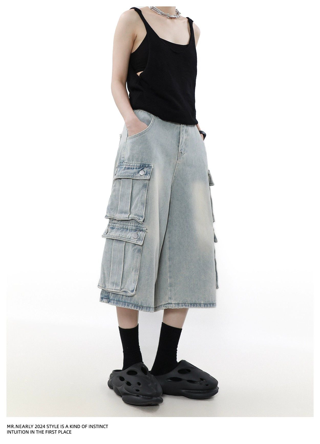 Light Washed Wide Cargo Denim Shorts Korean Street Fashion Shorts By Mr Nearly Shop Online at OH Vault