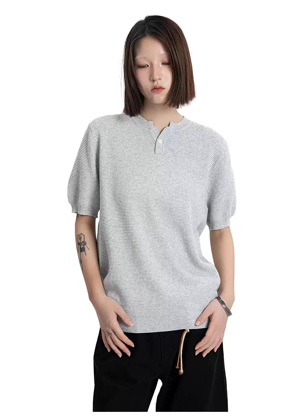 Waffle Grid Buttoned Knit T-Shirt Korean Street Fashion T-Shirt By Made Extreme Shop Online at OH Vault