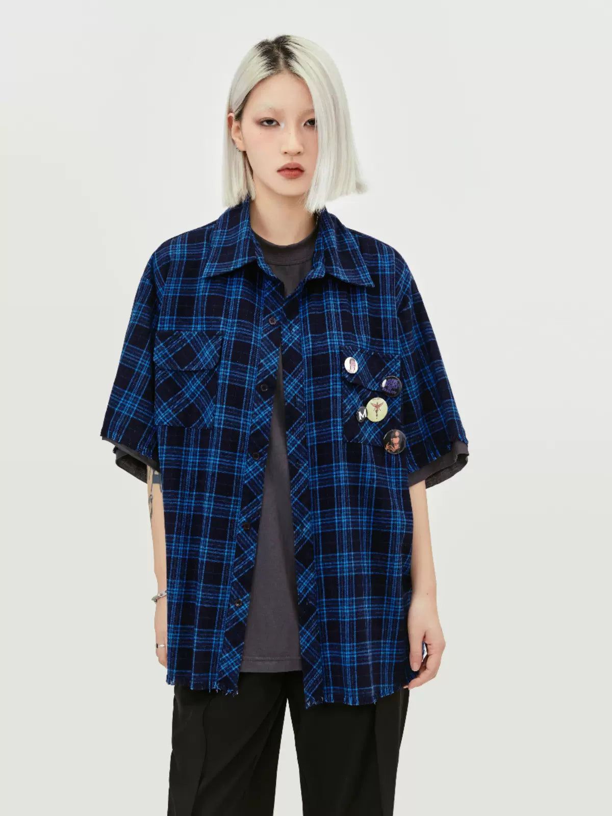 Layered 2-in-1 T-Shirt & Plaid Shirt Korean Street Fashion Shirt By Made Extreme Shop Online at OH Vault