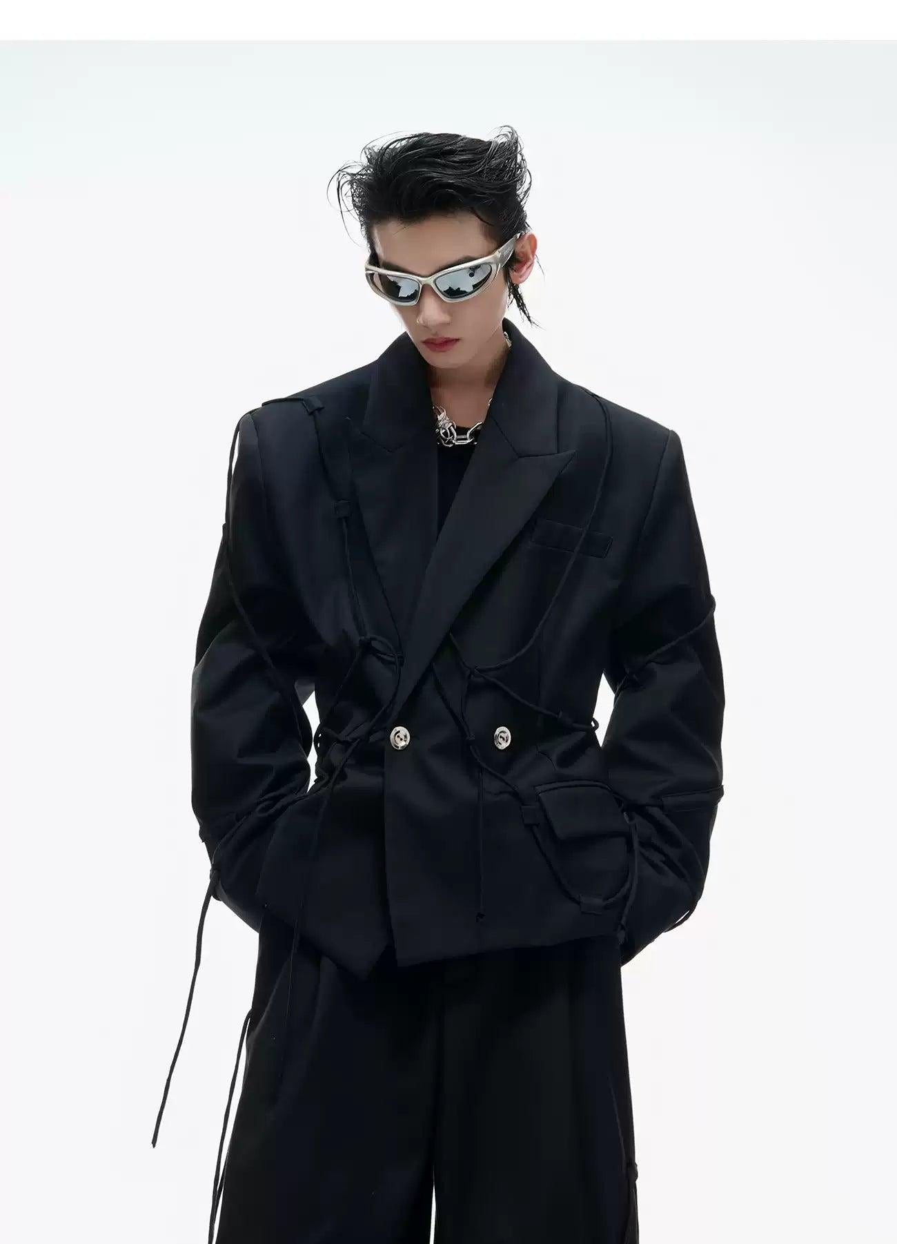 Buttoned Drawstring Detail Blazer & Wide Leg Trousers Set Korean Street Fashion Clothing Set By Argue Culture Shop Online at OH Vault