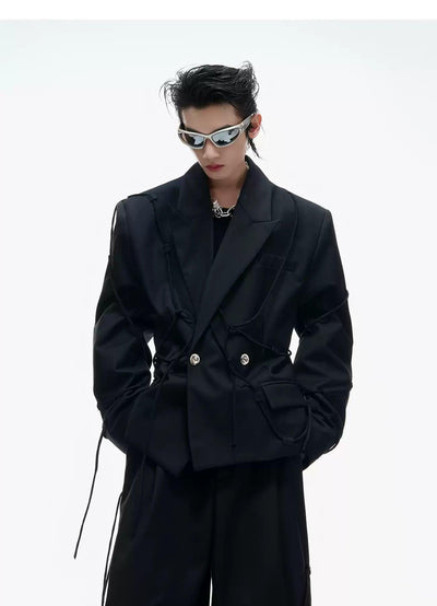Buttoned Drawstring Detail Blazer & Wide Leg Trousers Set Korean Street Fashion Clothing Set By Argue Culture Shop Online at OH Vault