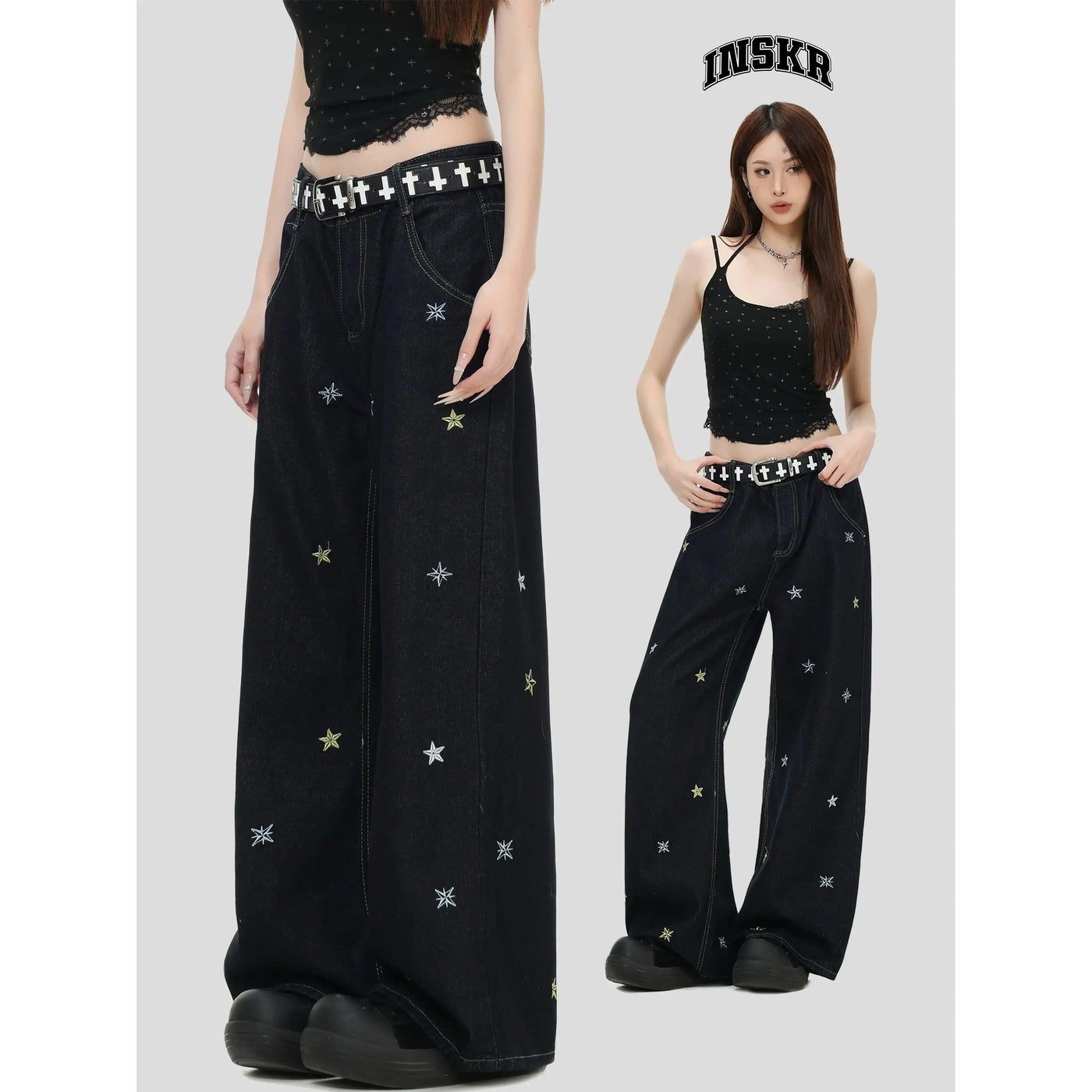 Stars Stitch Straight Leg Jeans Korean Street Fashion Jeans By INS Korea Shop Online at OH Vault