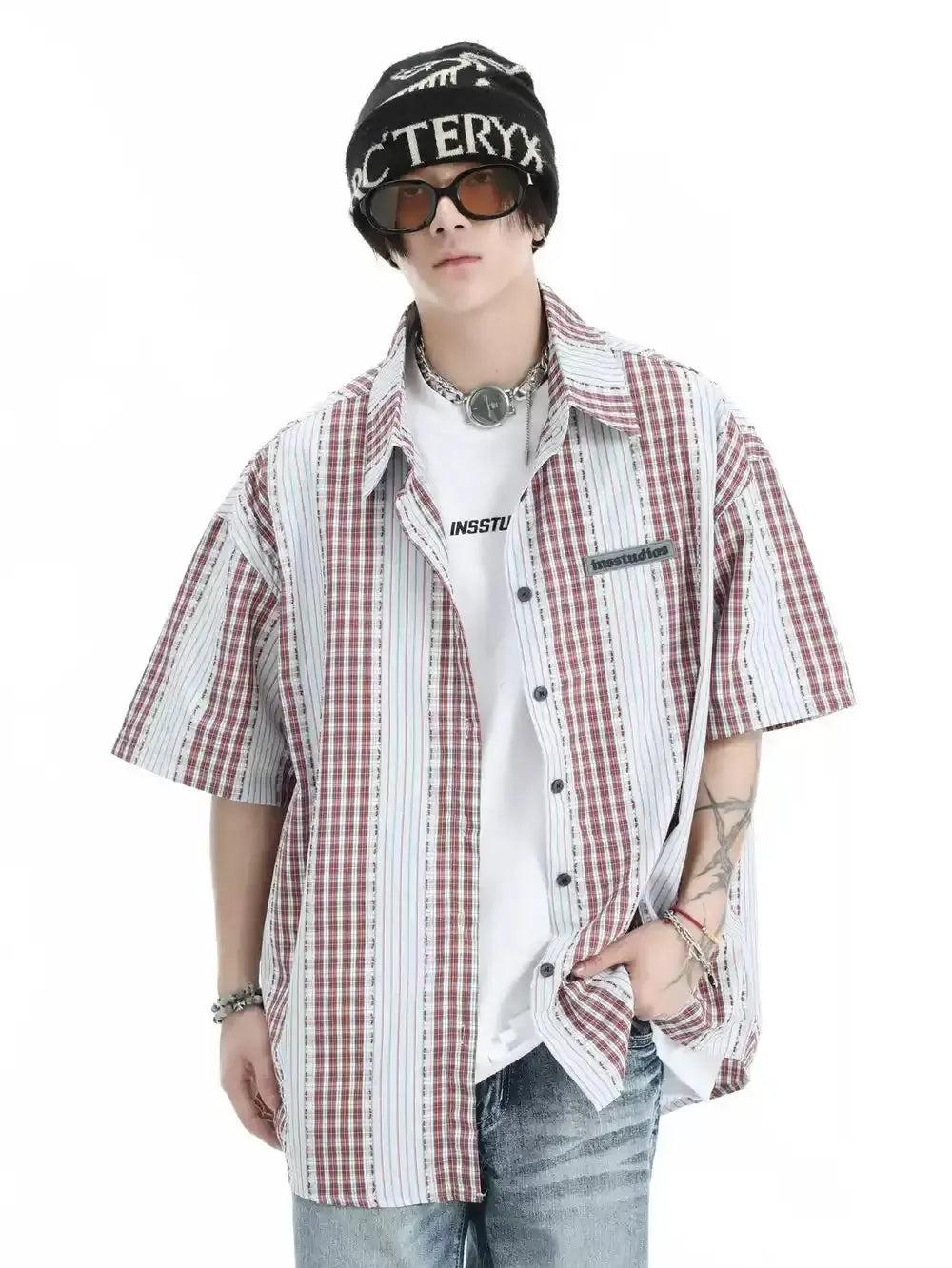 Contrast Plaid & Striped Shirt Korean Street Fashion Shirt By INS Korea Shop Online at OH Vault