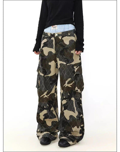 Double-Waist Wide Camo Cargo Pants Korean Street Fashion Pants By Mr Nearly Shop Online at OH Vault