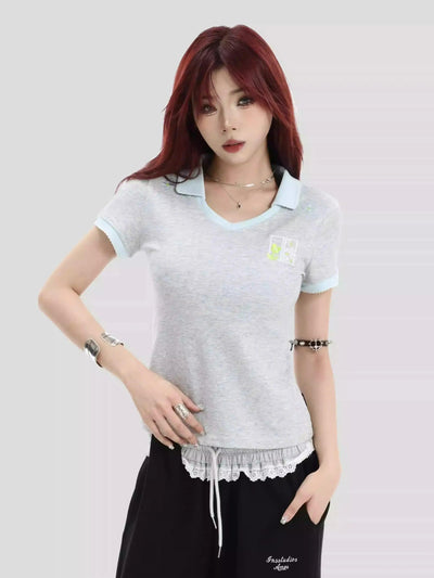 Embroidered Logo Contrast Collar T-Shirt Korean Street Fashion T-Shirt By INS Korea Shop Online at OH Vault