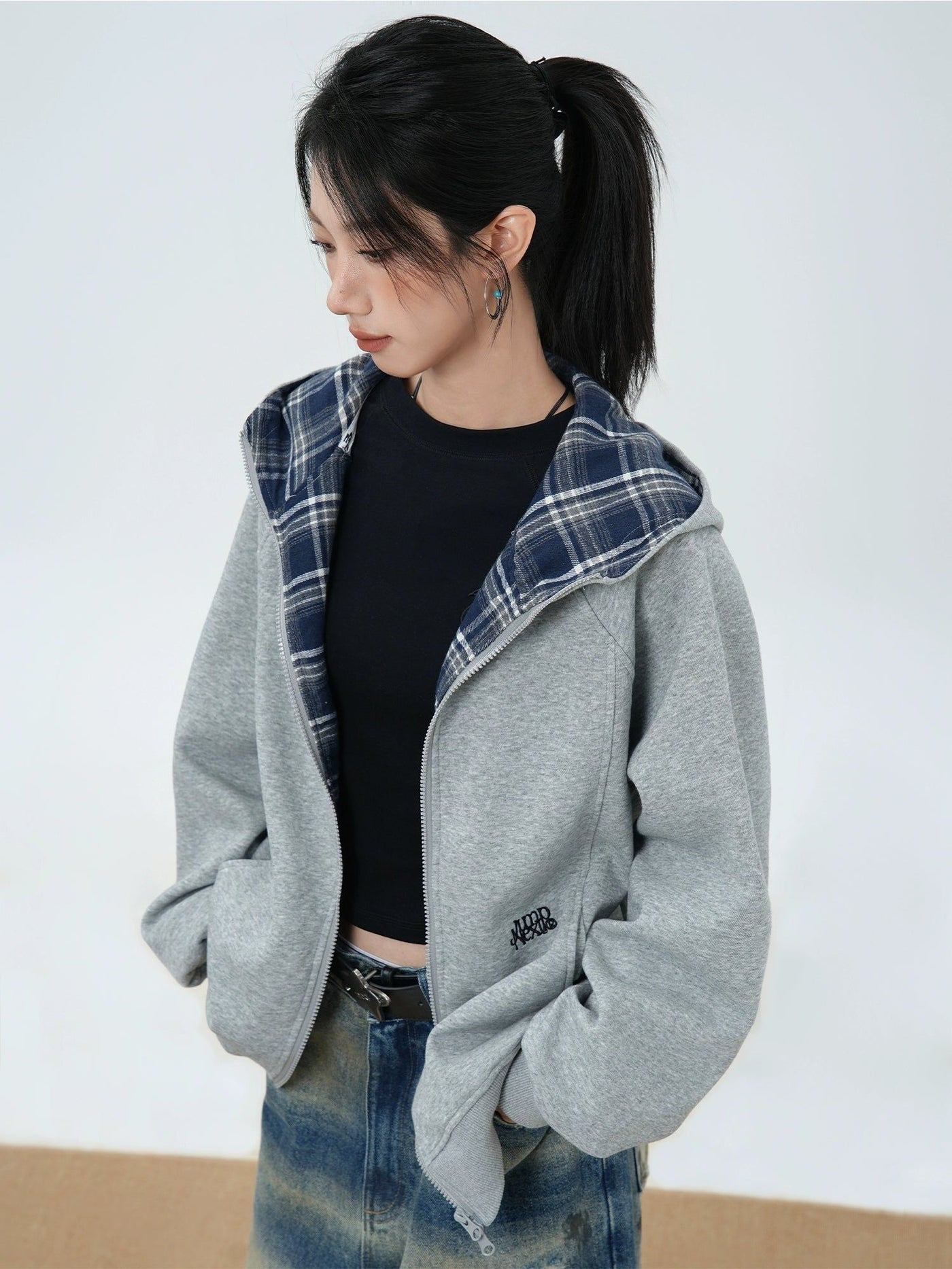 Zipped Inside Plaid Hoodie