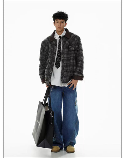 Fuzzy Spliced Plaid Jacket Korean Street Fashion Jacket By Mr Nearly Shop Online at OH Vault