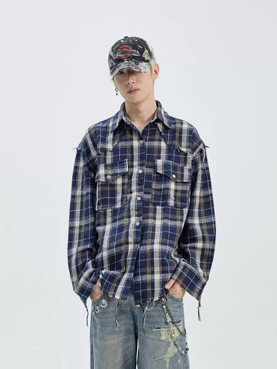 Flap Pocket Fringed Plaid Shirt Korean Street Fashion Shirt By Ash Dark Shop Online at OH Vault