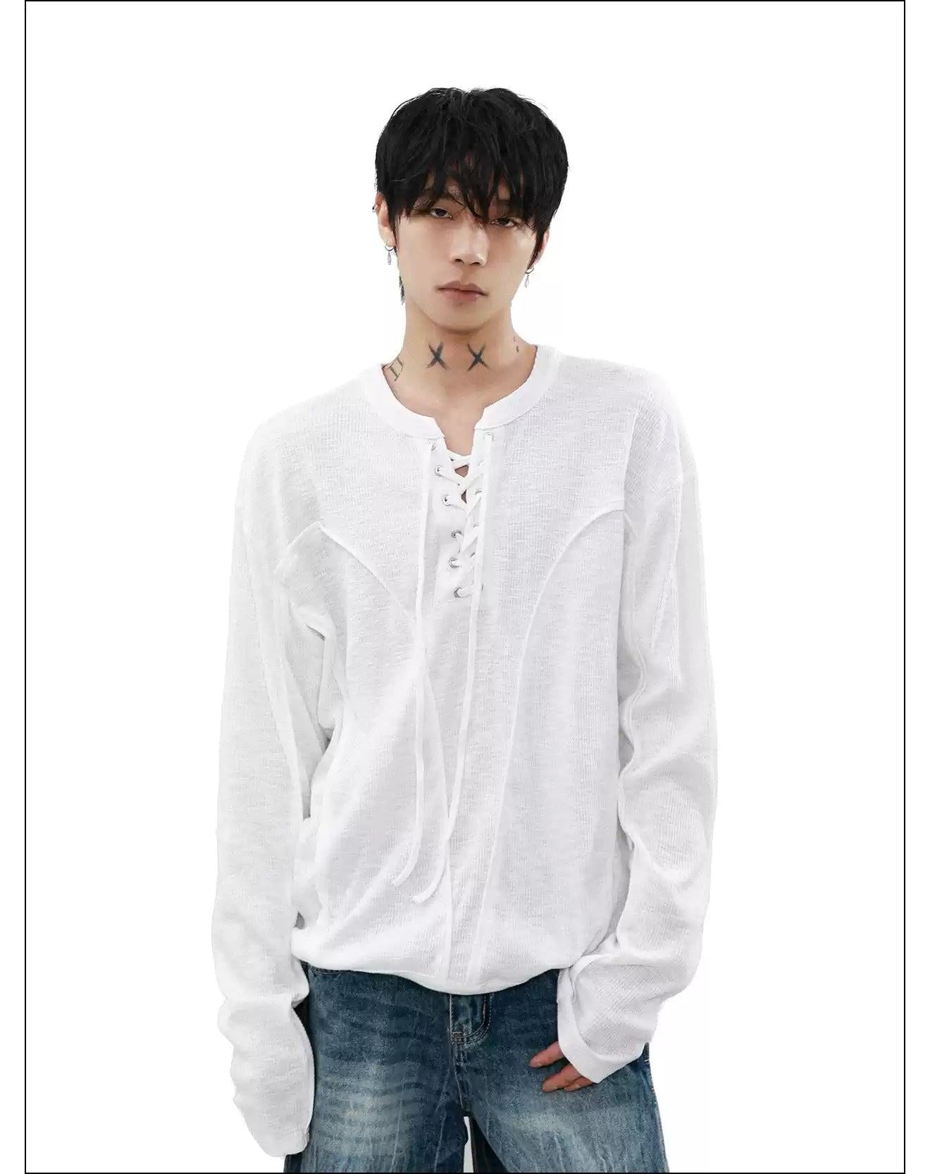 Lace-Up Knitted Long Sleeve T-Shirt Korean Street Fashion T-Shirt By Mr Nearly Shop Online at OH Vault